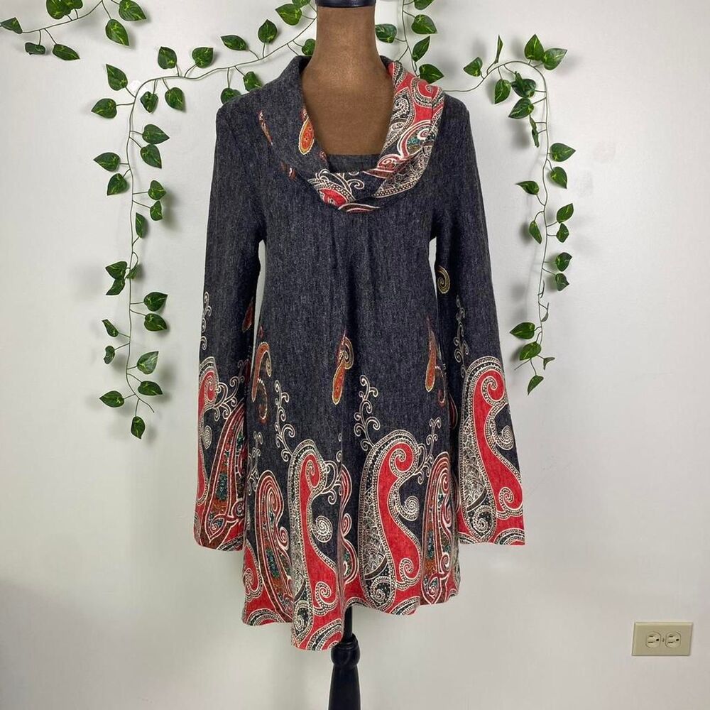 Radzoli boho mini sweater dress cowl neck pleat paisley red hippie grunge indie